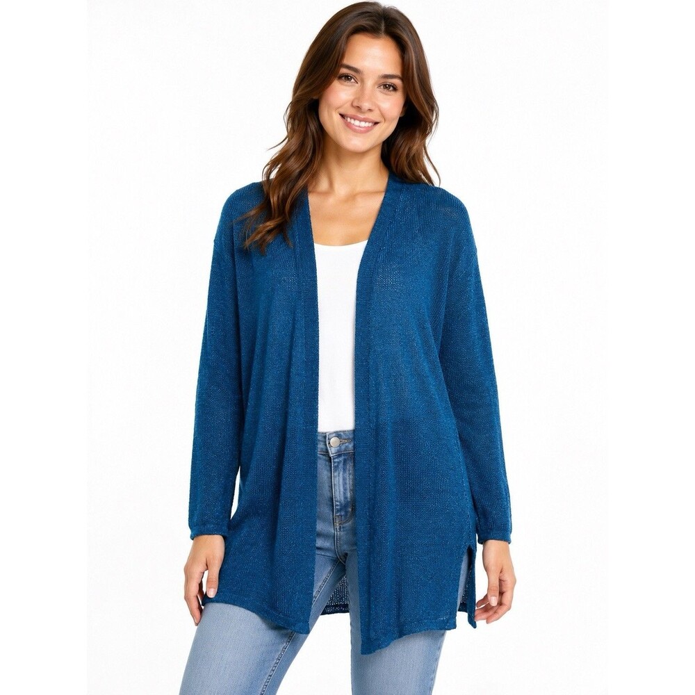 J. JILL Linen-Blend Open Front Knit Cardigan in Blue Womens Large L